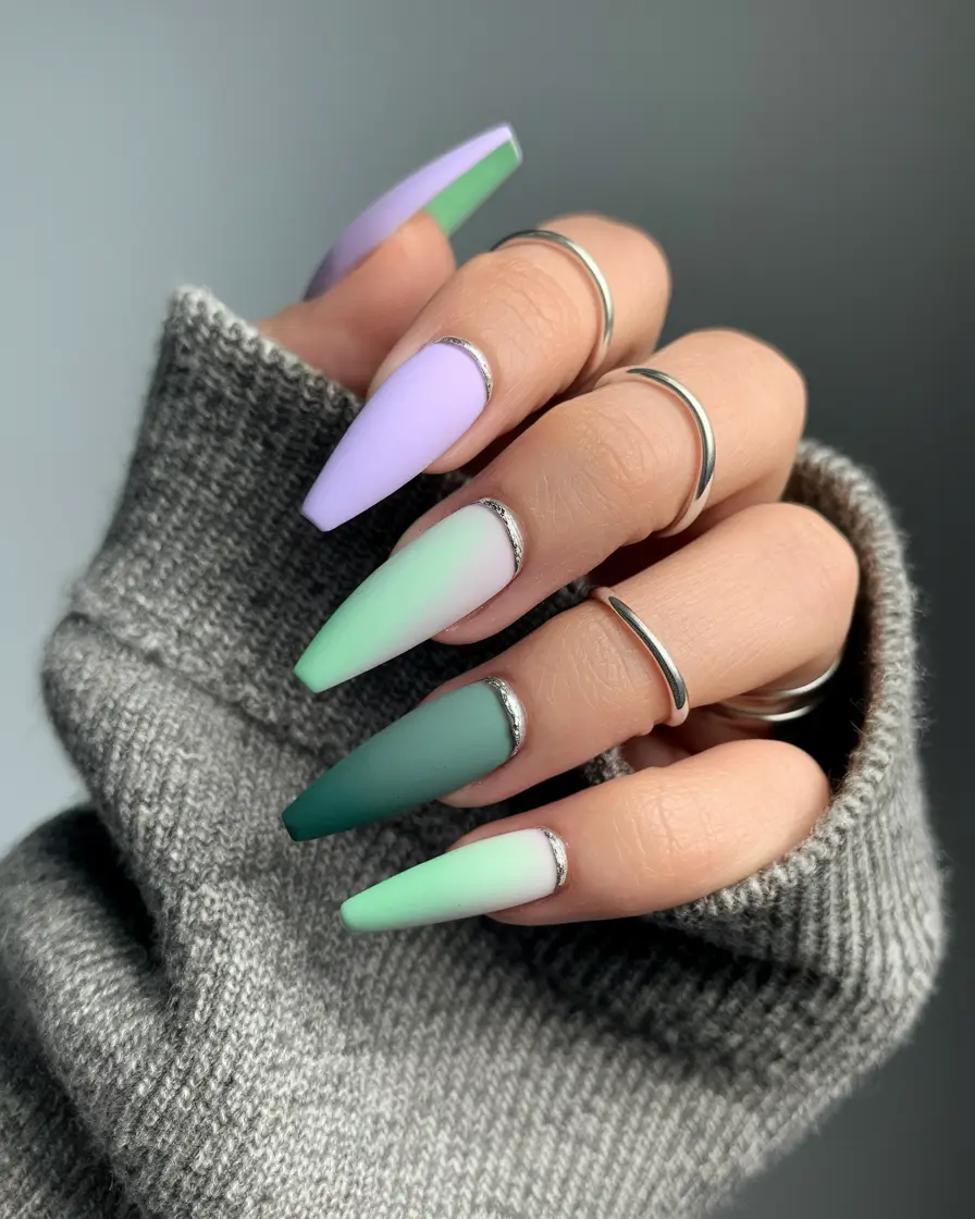 fall matte nails 2025 green lilac ombre