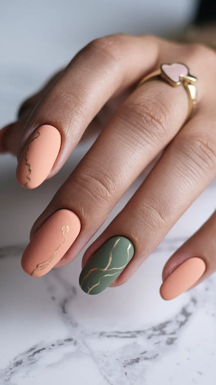 fall matte nails 2025 peach sage gold