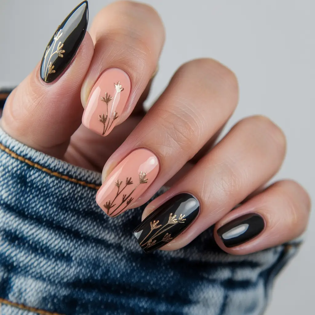 fall nail designs almond Golden Botanicals on Contrasting Tones