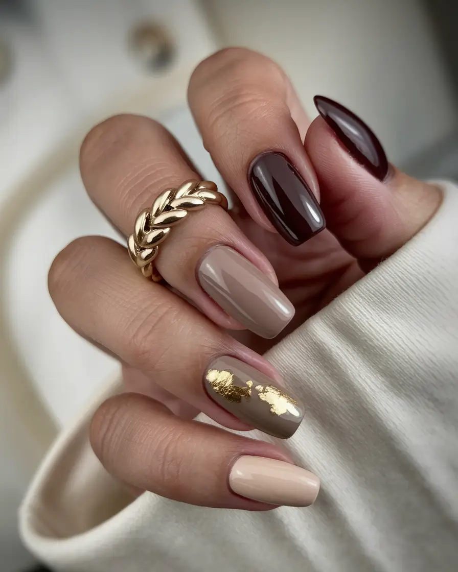 fall nail designs brown Rich Mocha & Gold Foil Accents