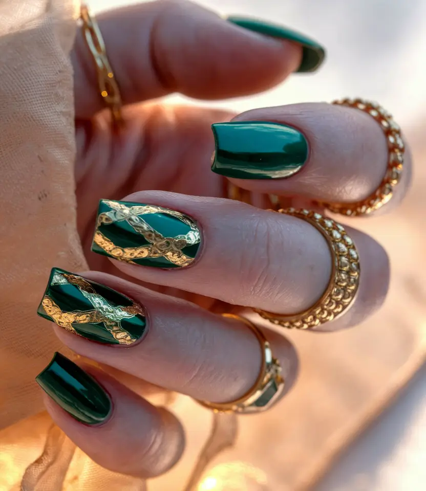 fall nail designs 2025 Opulent Olive With Golden Chains