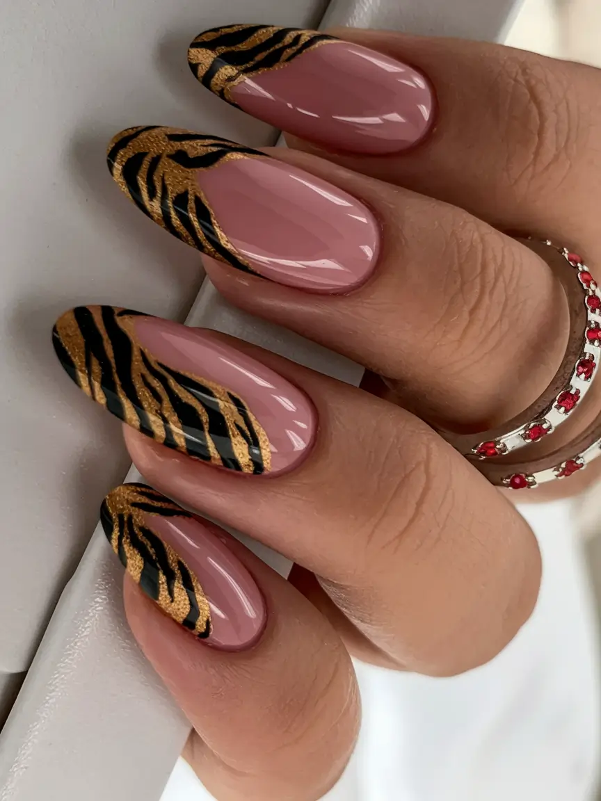 fall nail designs 2025 Tiger Luxe French
