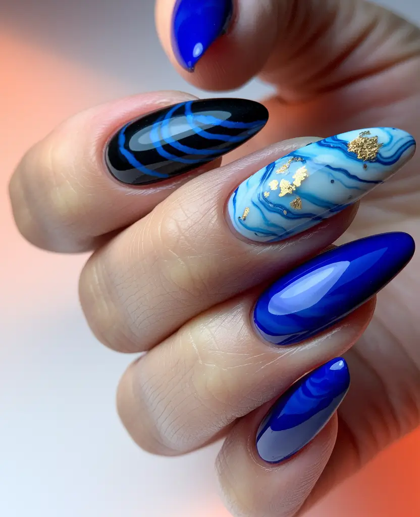 fall nail designs 2025 Marble Waves in Blue