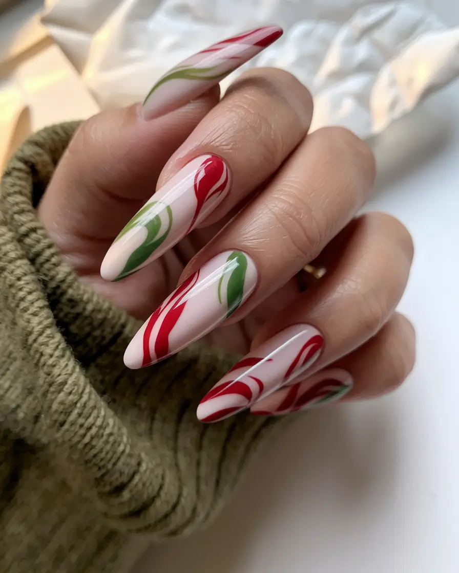 fall nail designs almond shape Festive Swirls in Candy Cane Tones