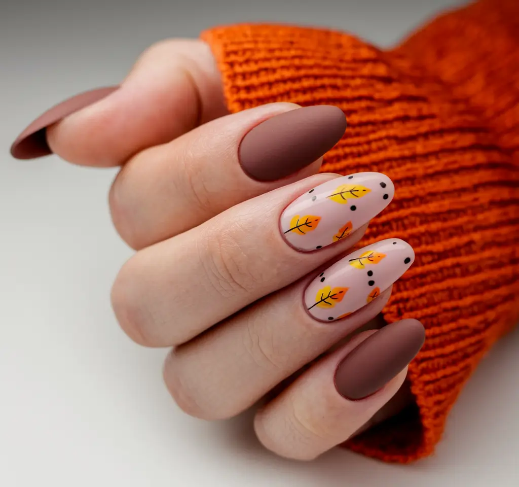 fall nail designs 2025 Matte Mocha With Falling Leaves