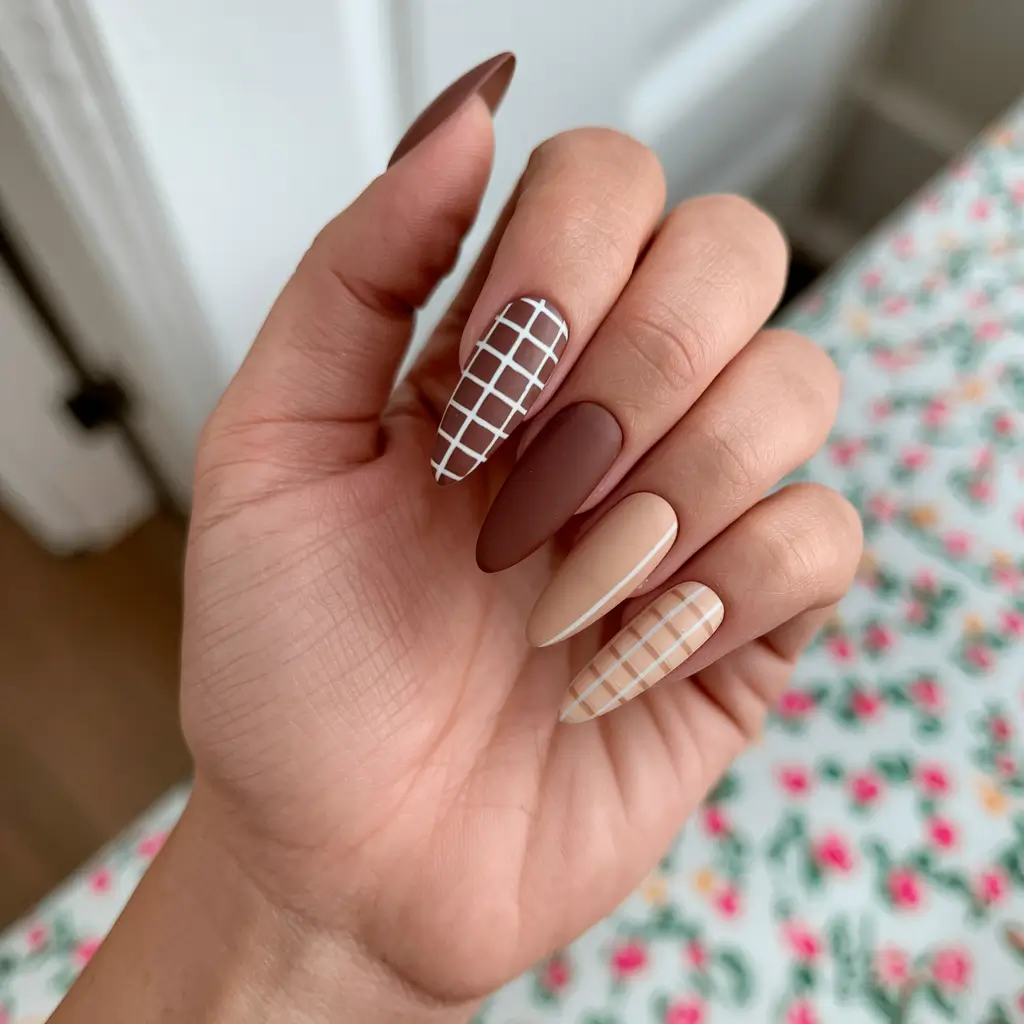 fall nail designs brown Matte Neutrals with Grid Detailing
