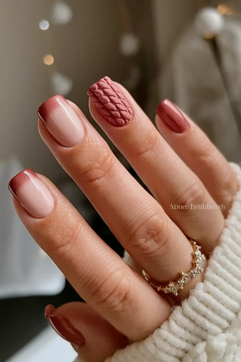 fall season nails acrylic short almond+Knitted French with a Cozy Twist