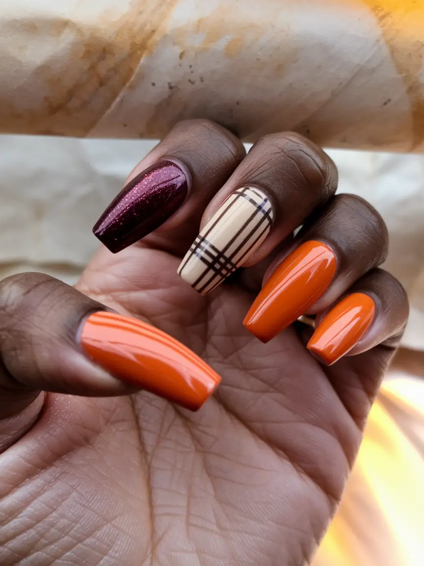 fall season nails acrylic square+Chic Harvest Plaid