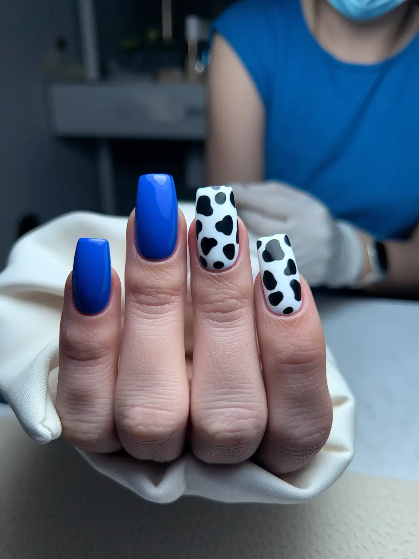 fall season nails acrylic square+Electric Blue & Cow Print Chic