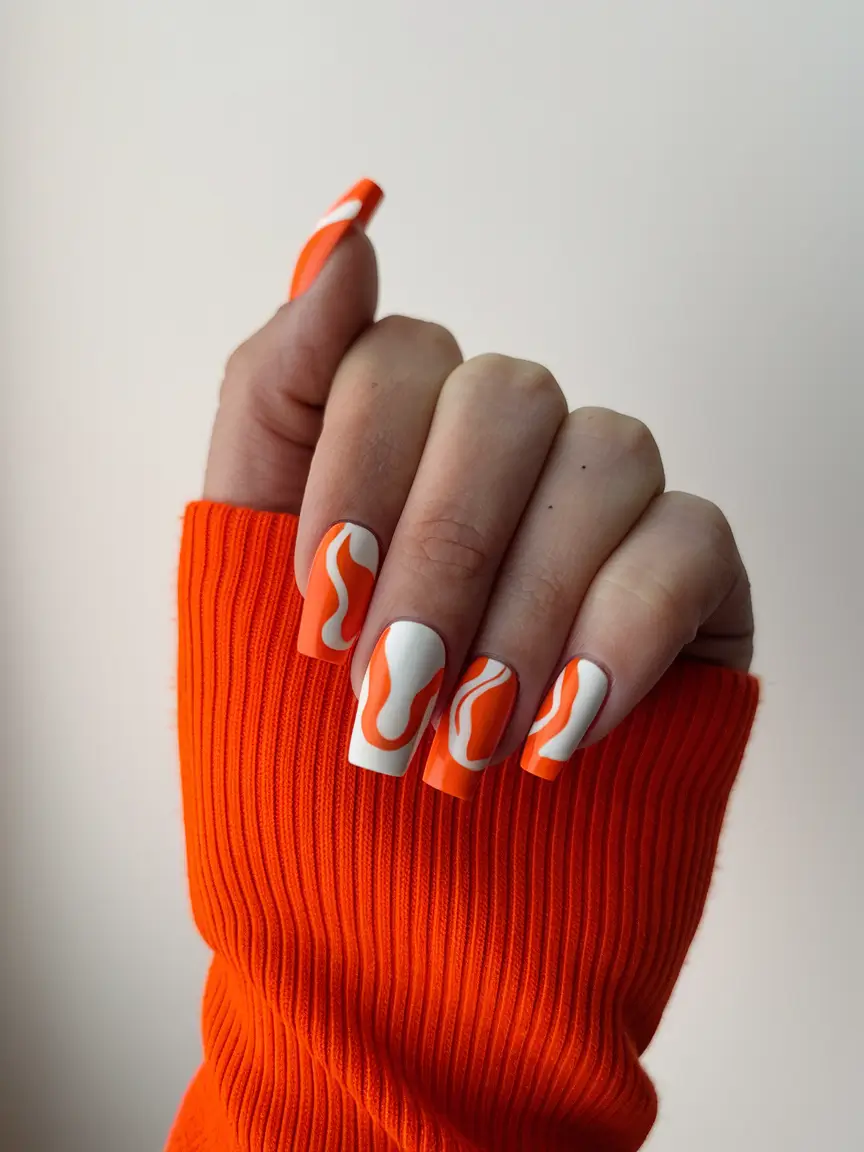 fall season nails short french+Retro Orange Swirls
