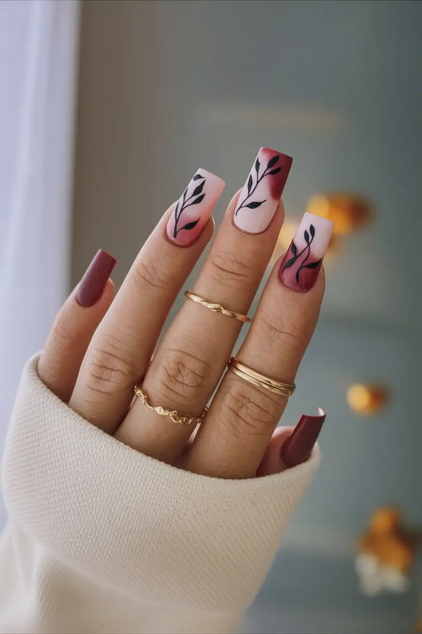 fall season nails acrylic matte leaves