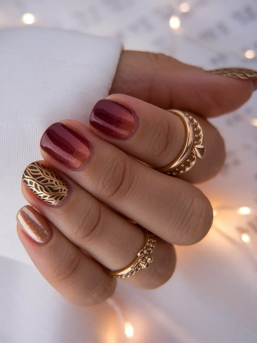 fall season nails burnt orange glitter leaves short