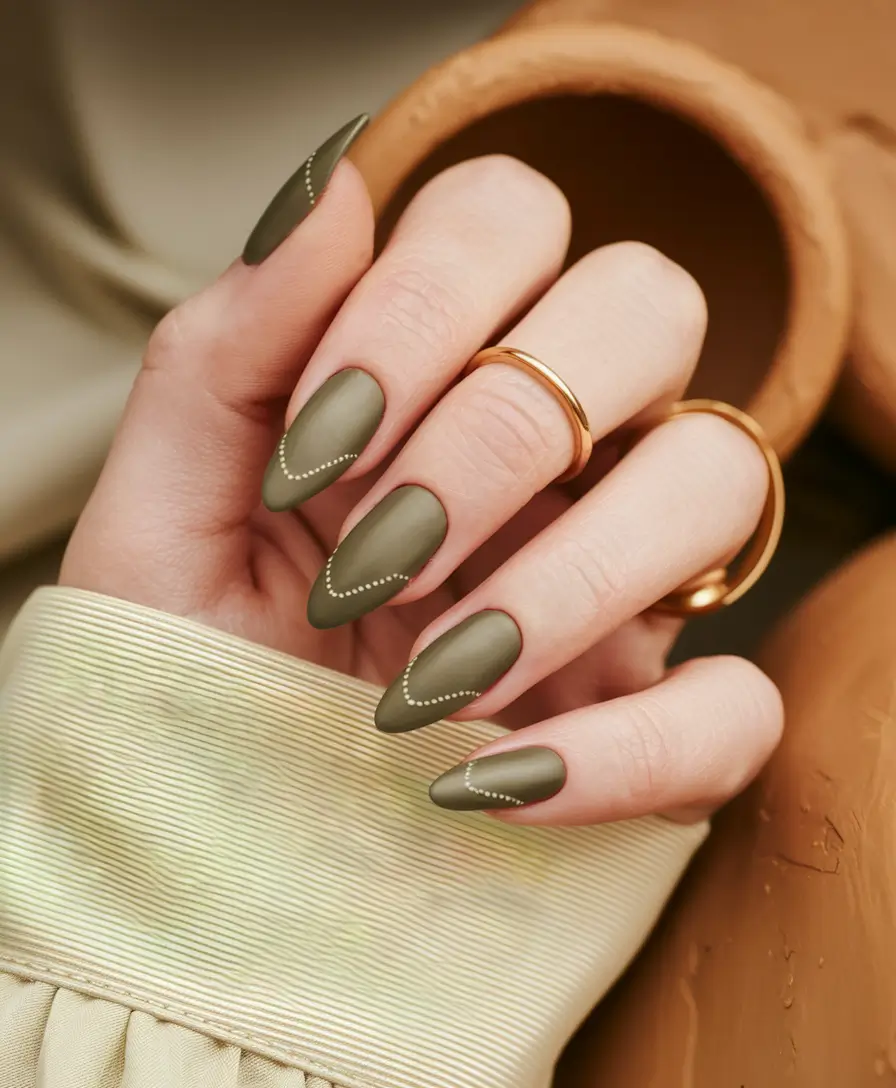 fall season nails acrylic matte olive green simple almond classy