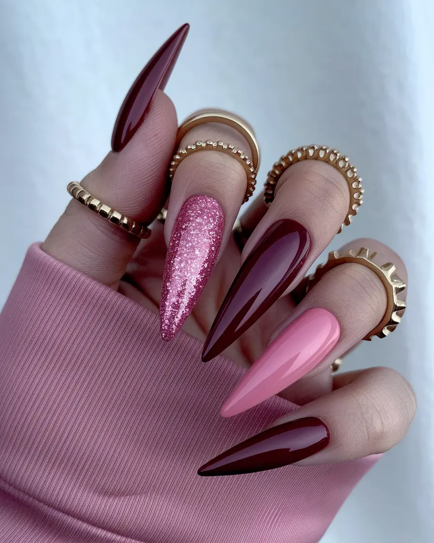 fall stiletto nails designs pink Berry and Blush Sparkle