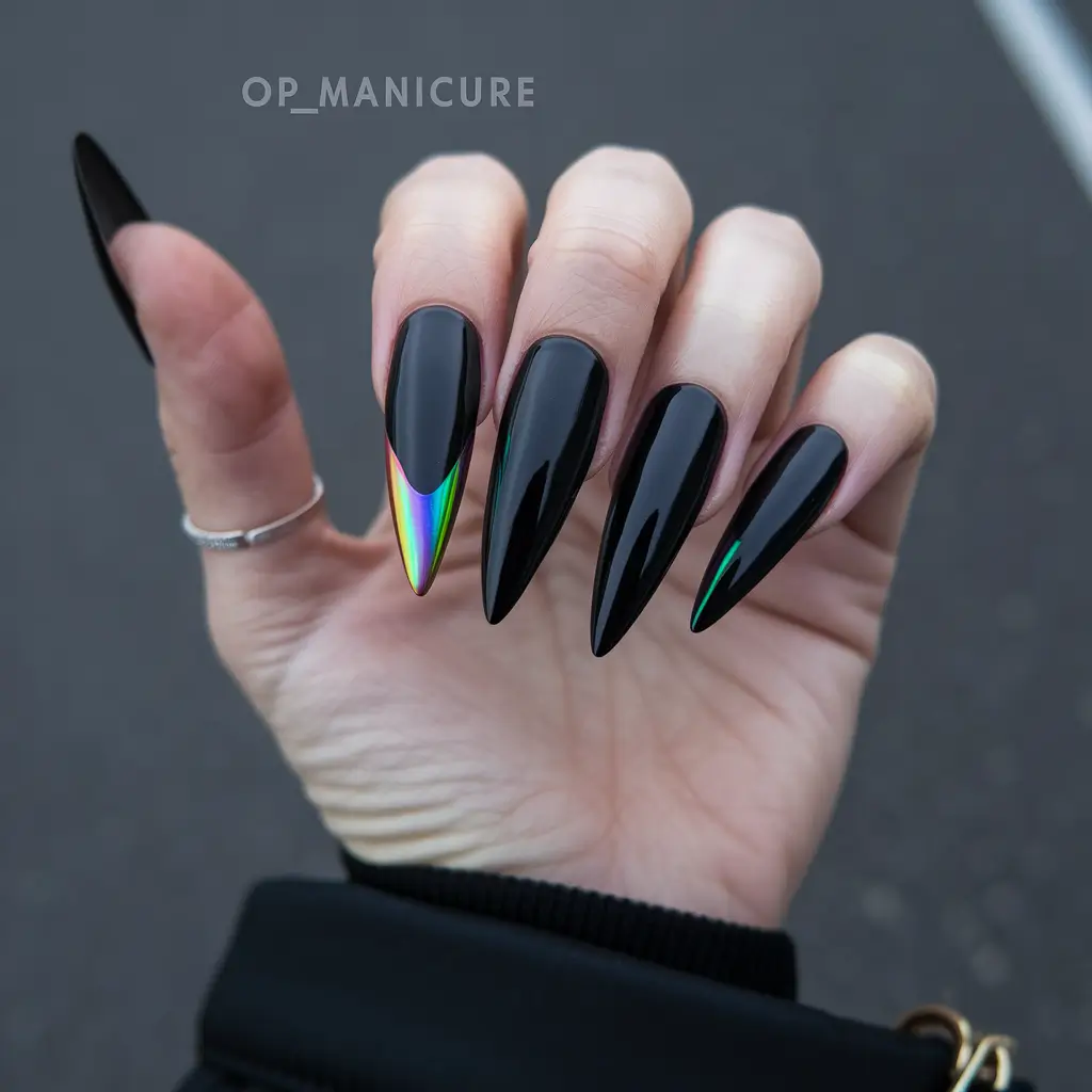 fall stiletto nails design 2025 Glossy Black with a Futuristic Edge