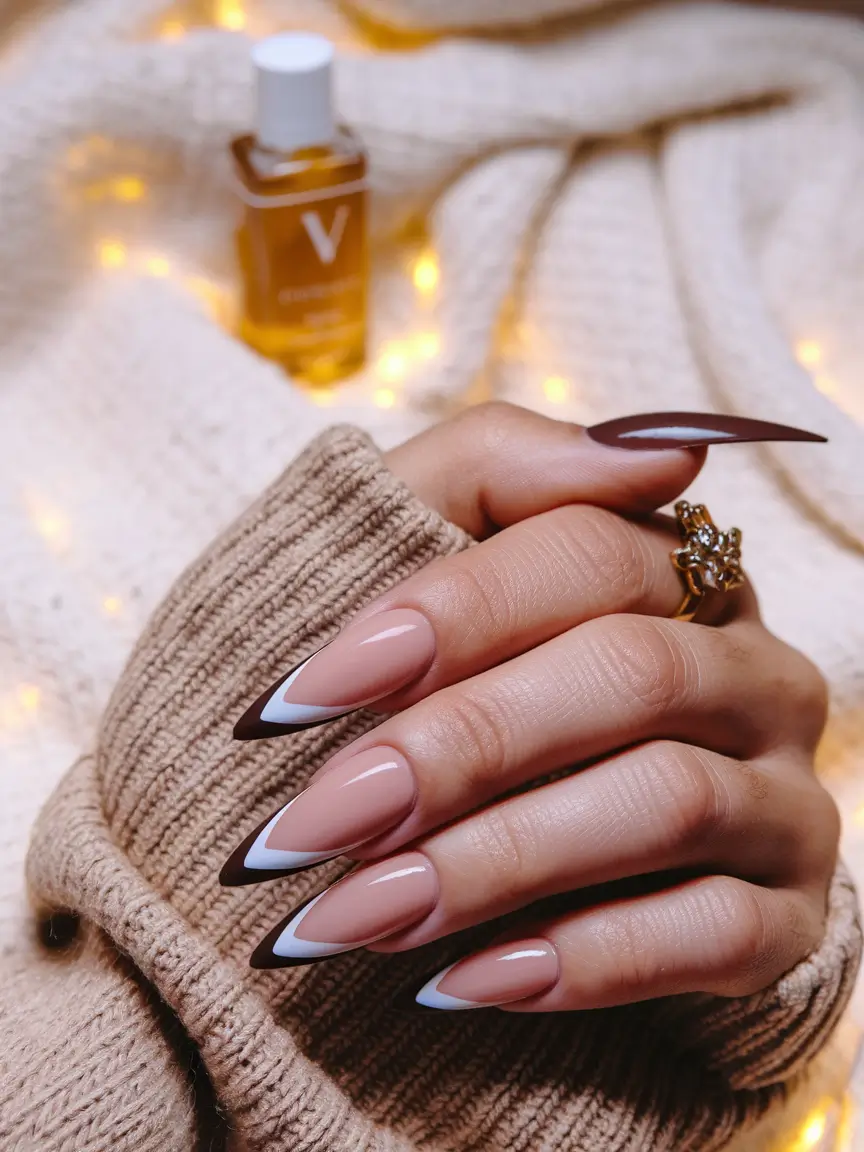 fall stiletto nails design brown Chocolate Dipped French
