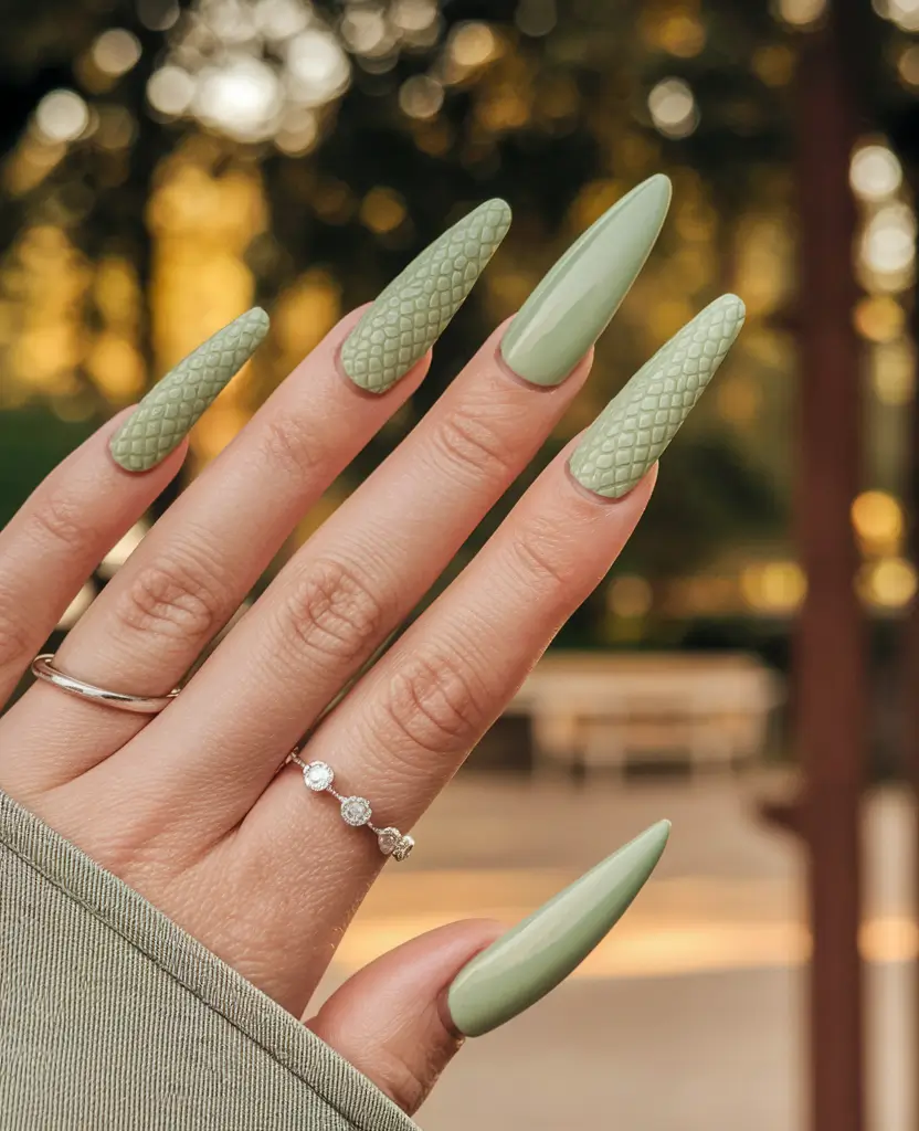 fall stiletto nails design green Sage Texture Story