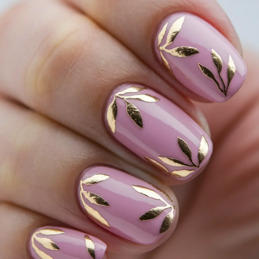 gold fall nails 2025 Soft Pink and Gold Leaf Accents