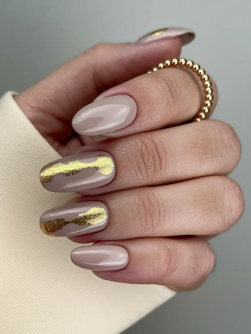 gold fall nails 2025 Abstract Nude and Gold Accents