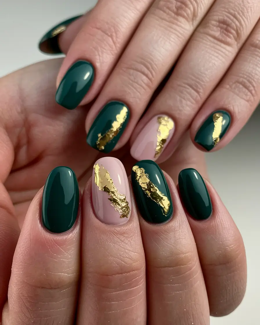 gold fall nails 2025 Dark Green and Gold Foil Contrast