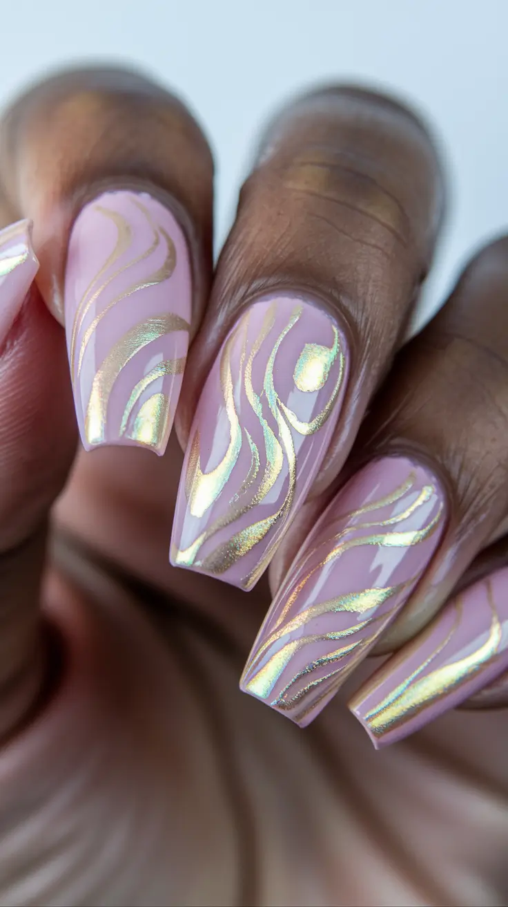 gold fall nails 2025 Shimmering Pink and Gold Waves
