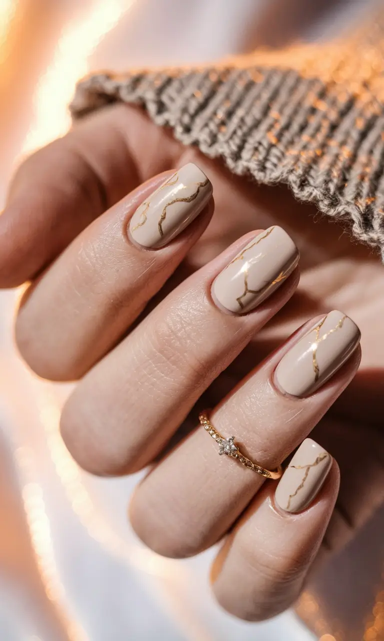gold fall nails 2025 Neutral Marble with Golden Veins