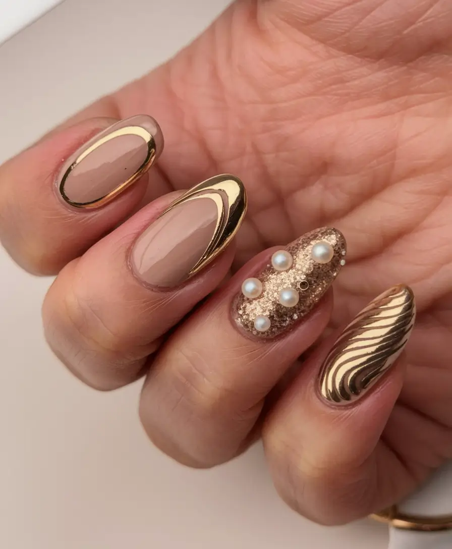 gold fall nails 2025 Pearl and Gold Statement