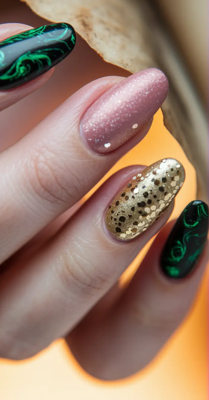 gold fall nails 2025 Playful Gold and Green Mix