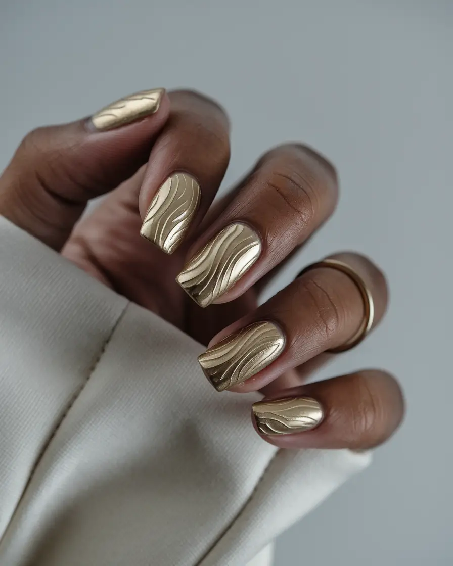 gold fall nails 2025 Golden Waves on Short Square Tips