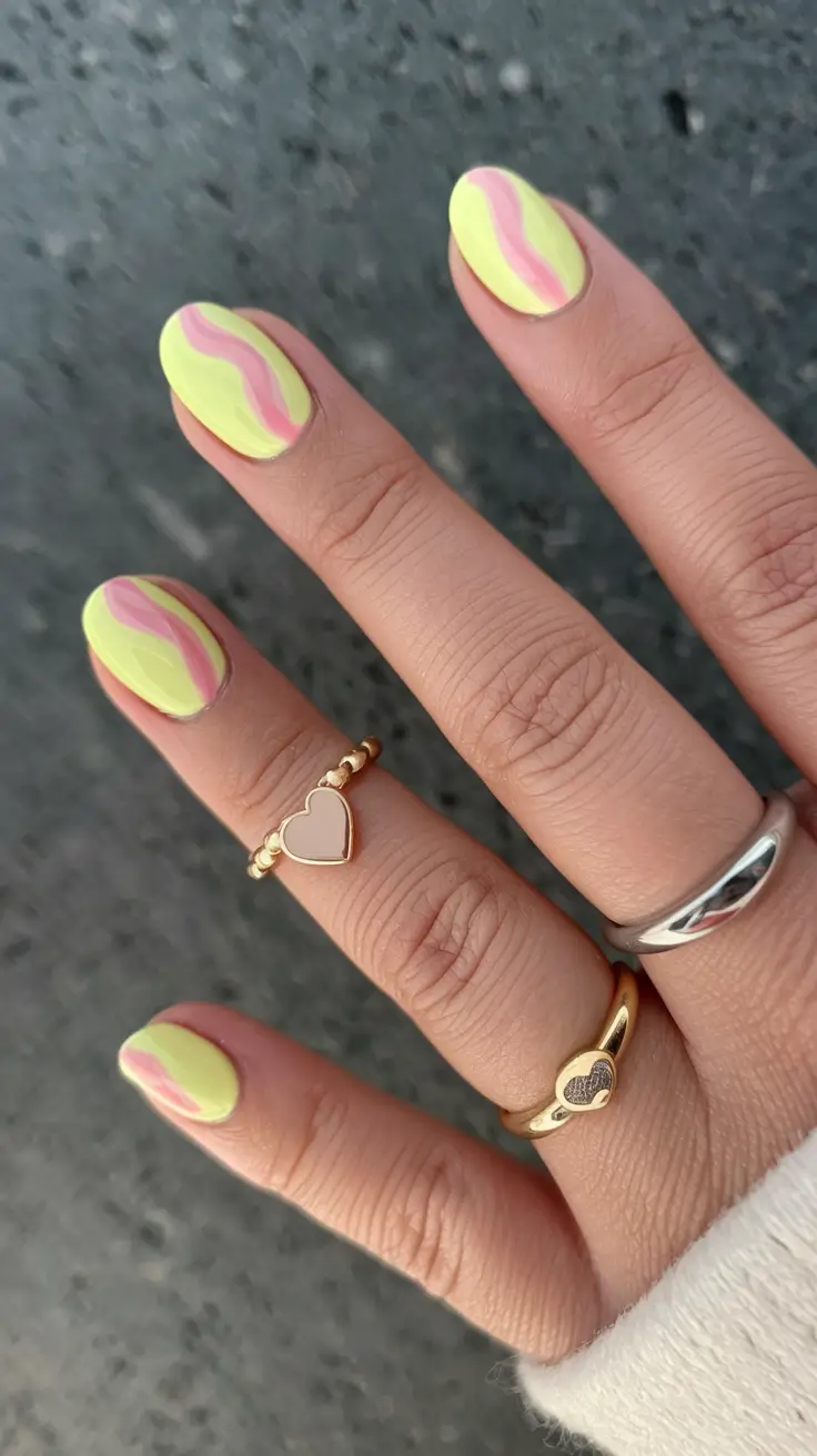 Trendy Round Fall Nails 2025 Lemon-Lime Swirl Play