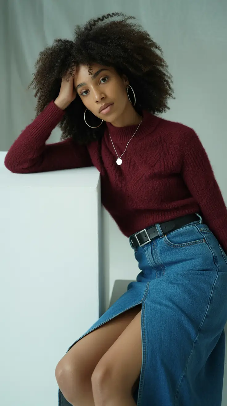 november outfits fall casual Burgundy Knit with Denim Confidence