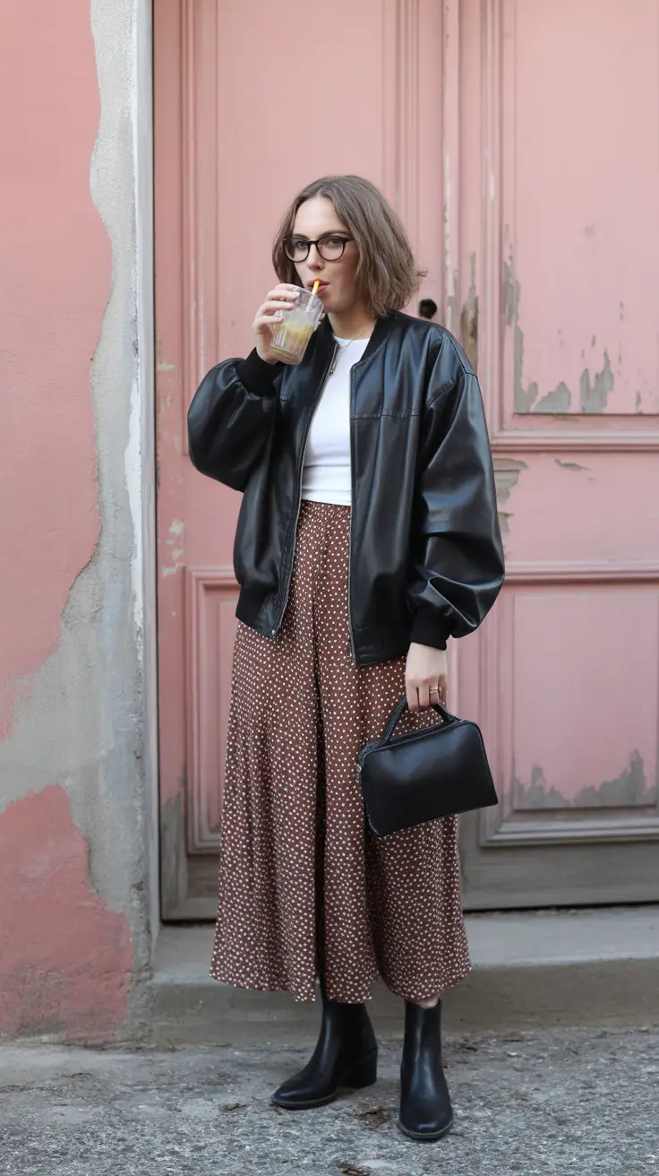 november outfits casual Leather Jacket and Flowy Polka Skirt