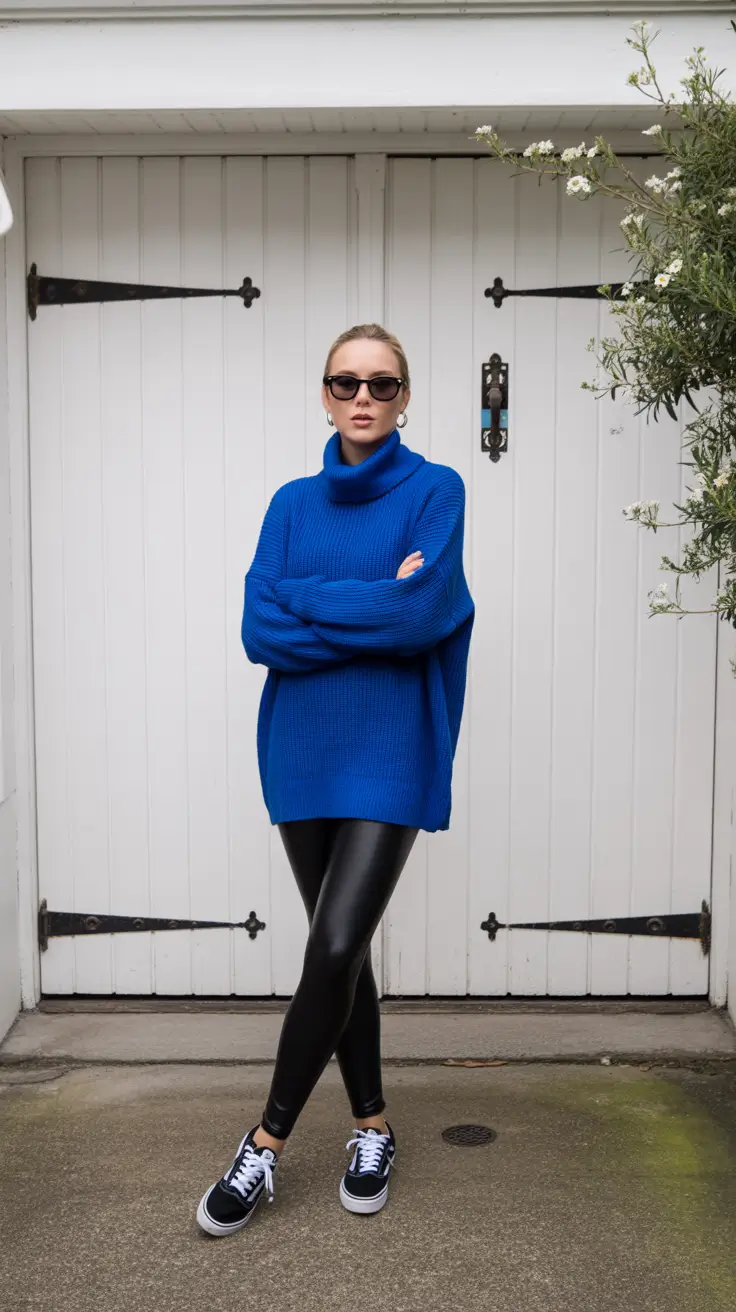 november outfits 2025 Bold Blue Knit with Leather Leggings