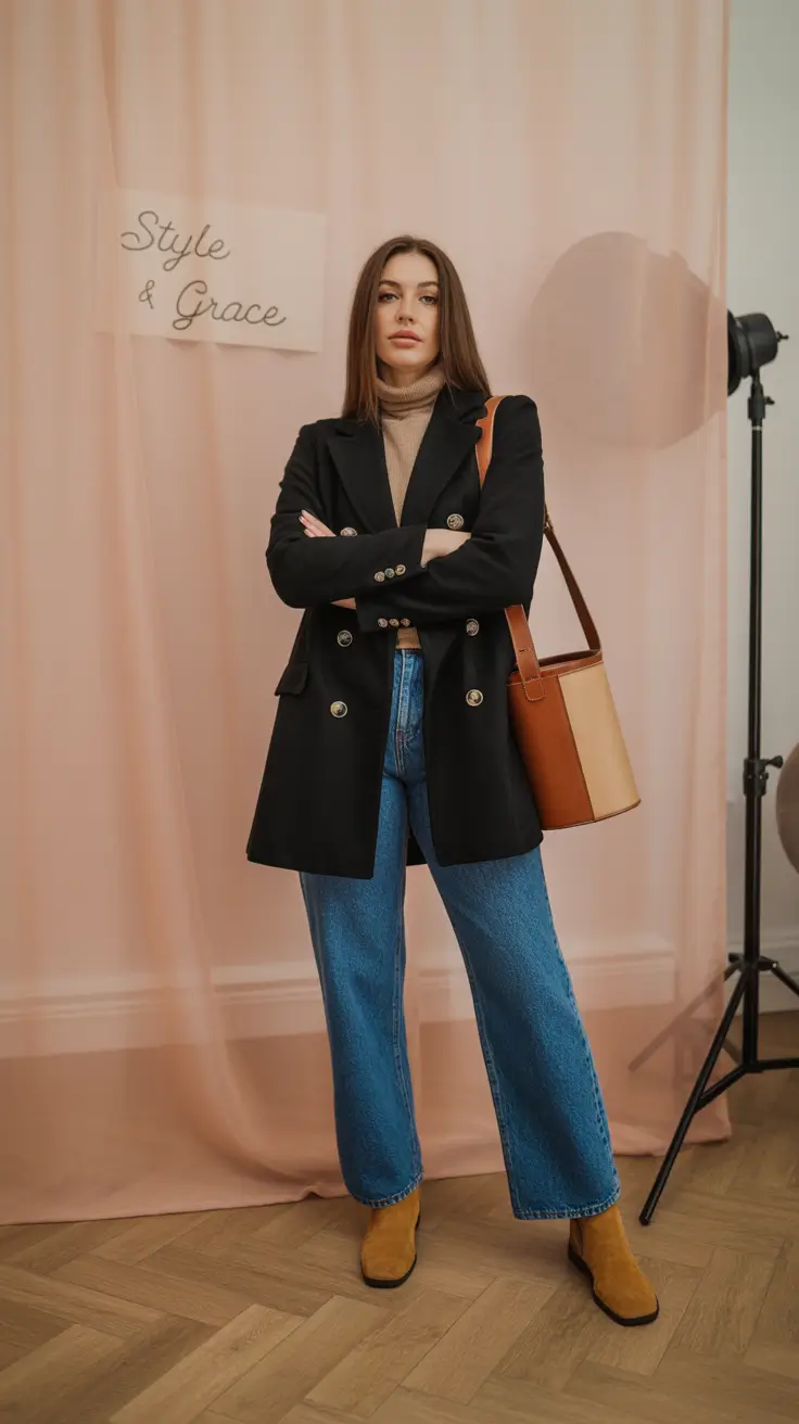 november outfits school Structured Blazer with Denim Ease