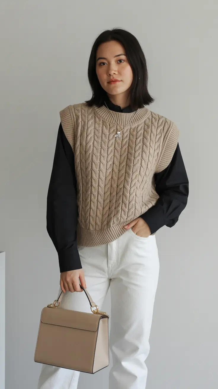 november outfits aesthetic Vest Layering with Crisp Neutrals