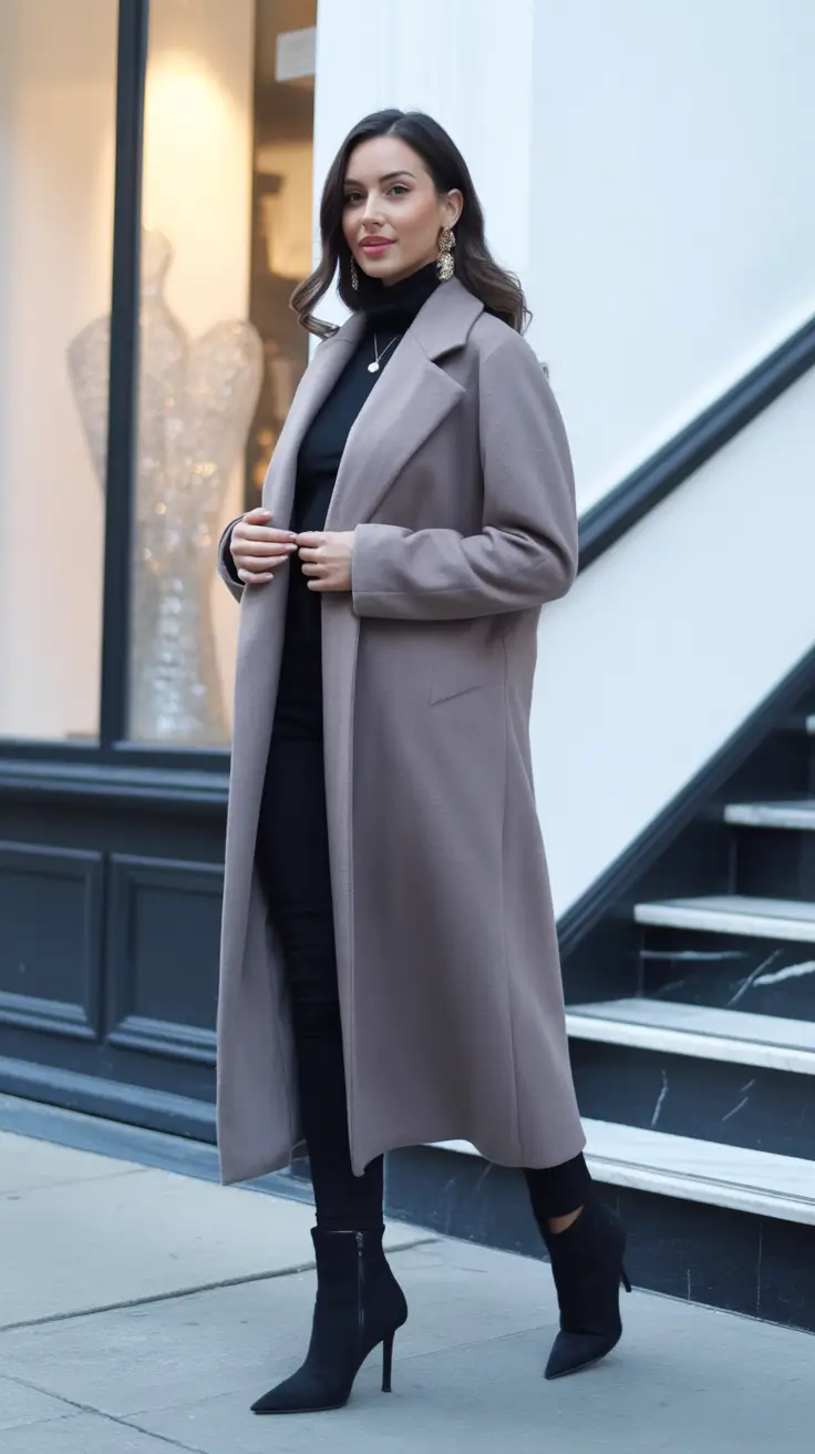 november outfits fall Neutral Coat and All-Black Elegance