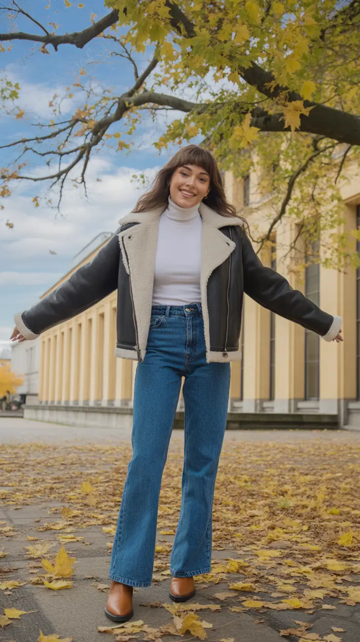 november outfits casual Shearling Jacket and Denim Playfulness