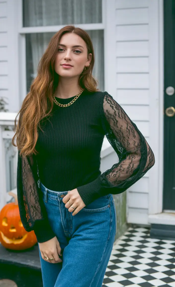 casual winter outfits 2025 women Lace Sleeves and Denim Simplicity