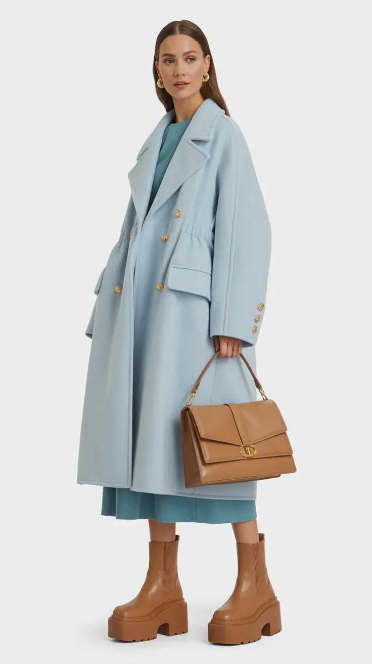 casual winter outfits 2025 women Powder Blue and Camel Harmony