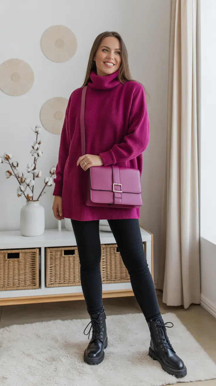 casual winter outfits 2025 women Magenta Knit and Combat Boots