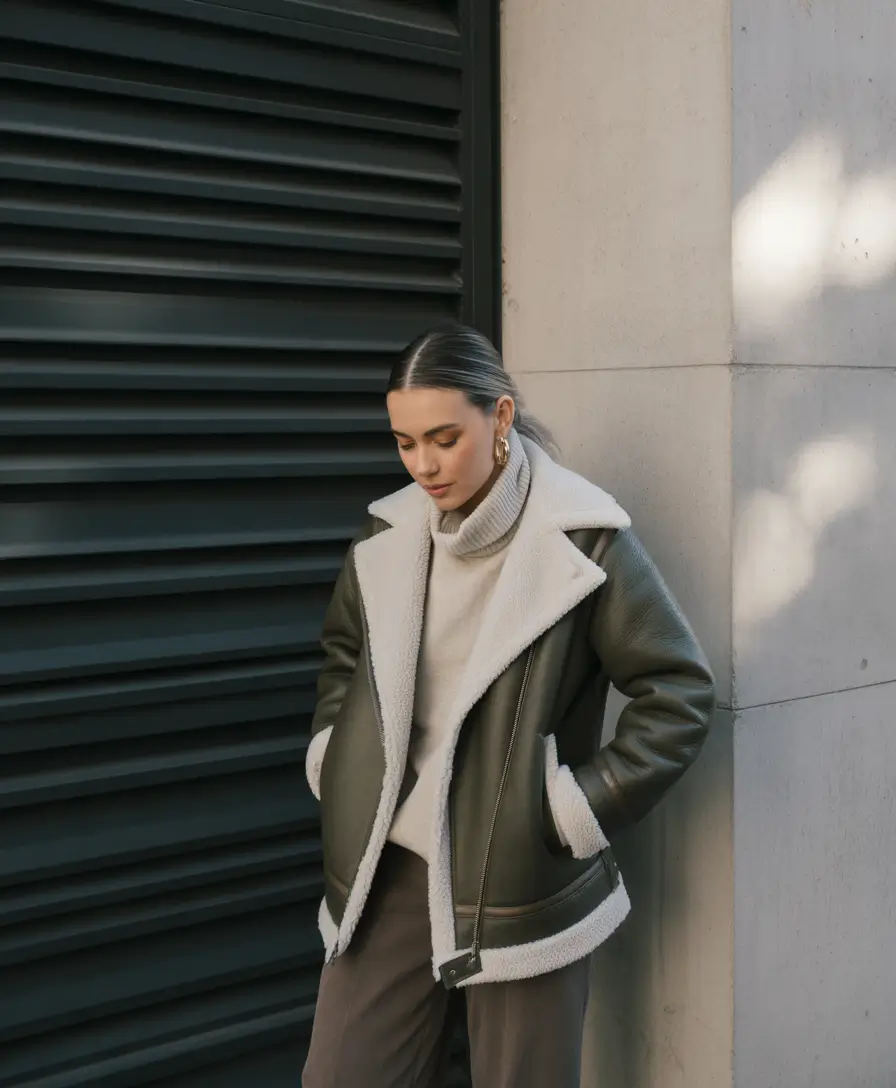 early winter outfits work Shearling Luxe with Olive Accents