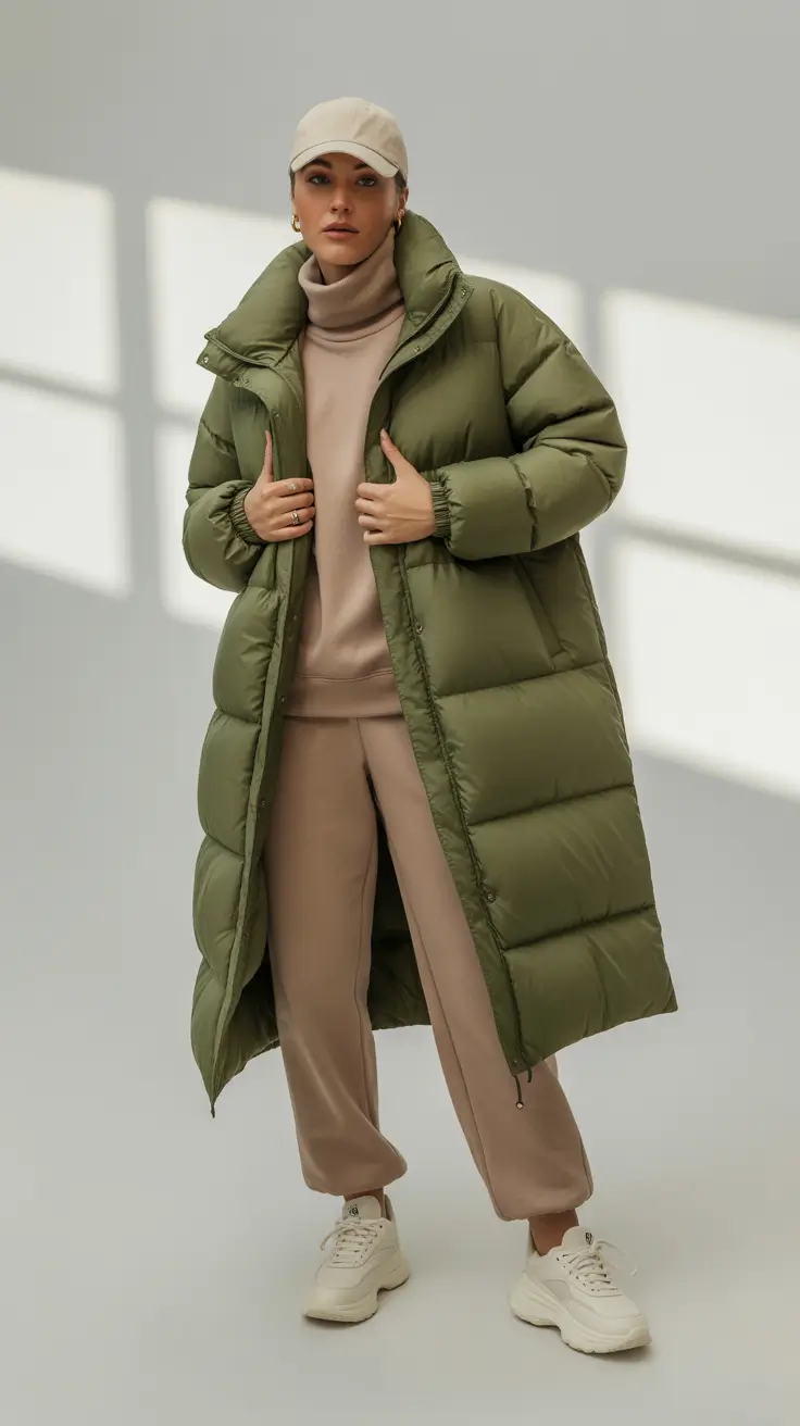 puffer jacket outfit olive green Olive Green Long Comfort