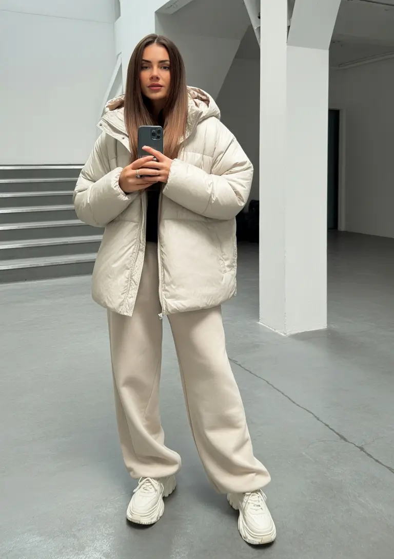 puffer jacket outfit white All-White Minimalist Mood