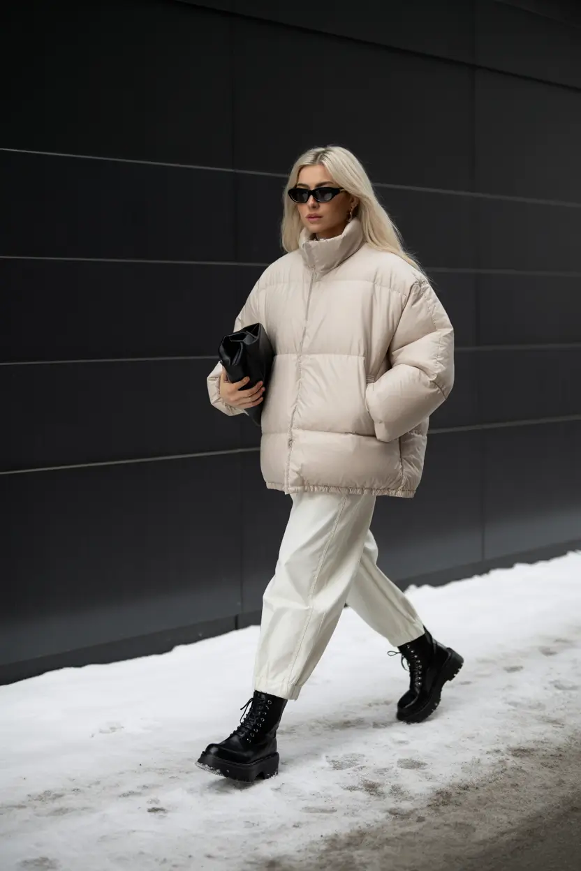 puffer jacket outfit white Monochrome Cream Chic