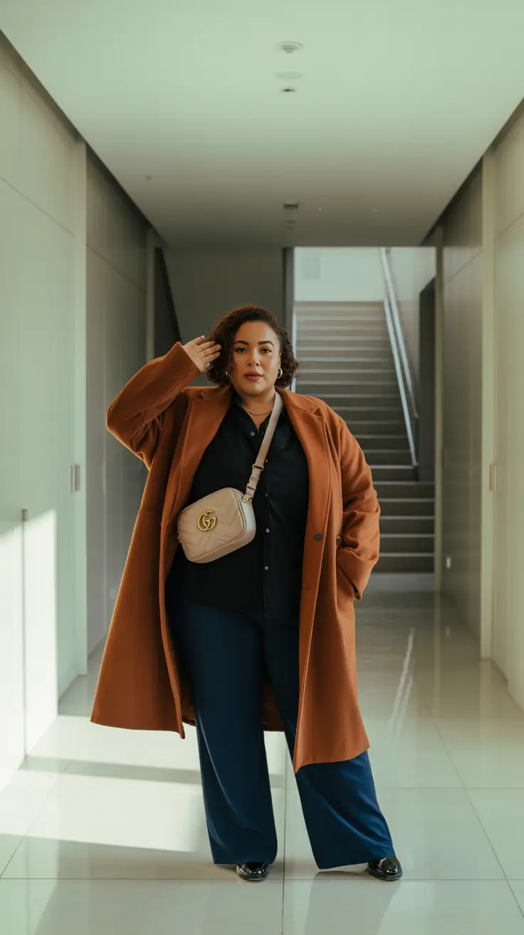 curvy winter outfits plus size rust coat