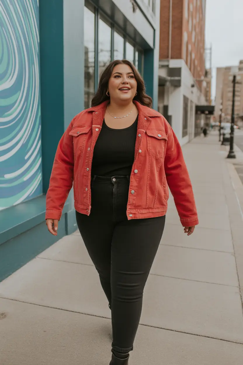 curvy winter outfits plus size red denim