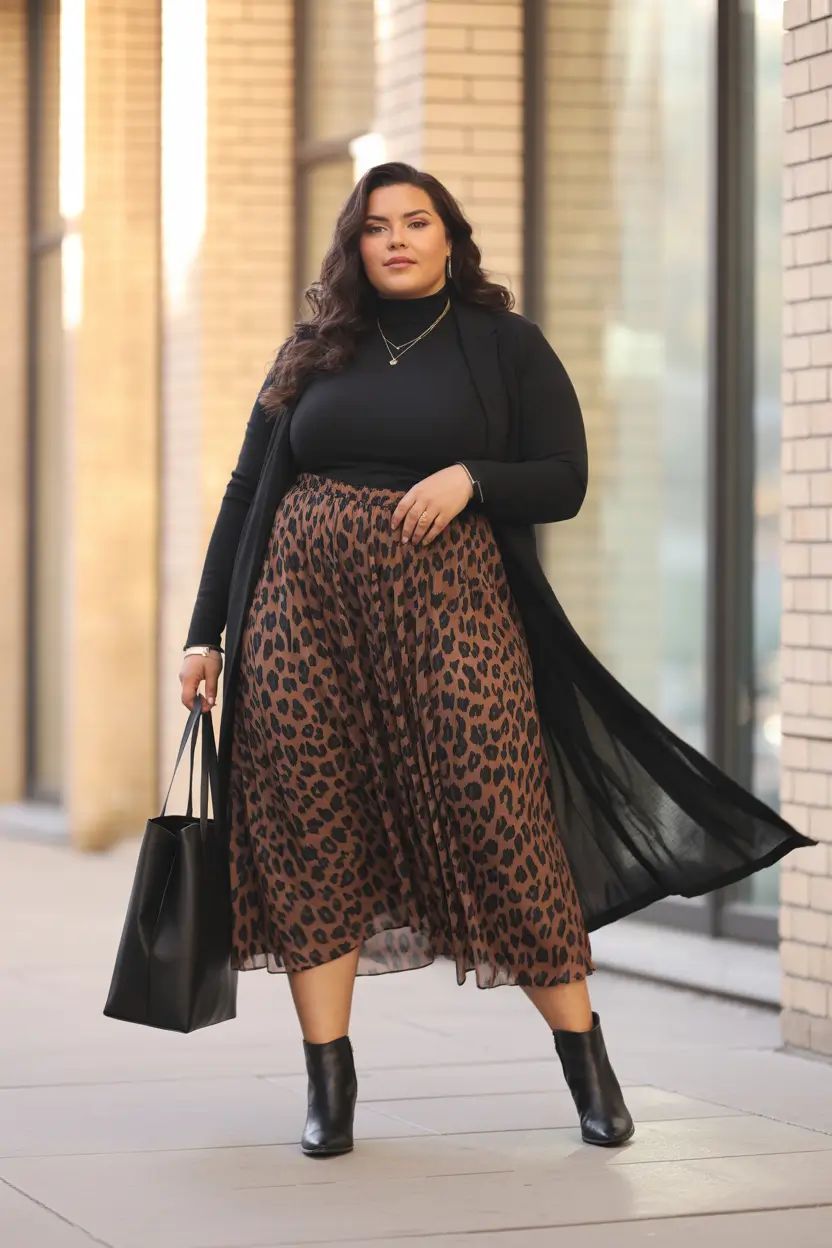curvy winter outfits plus size leopard skirt