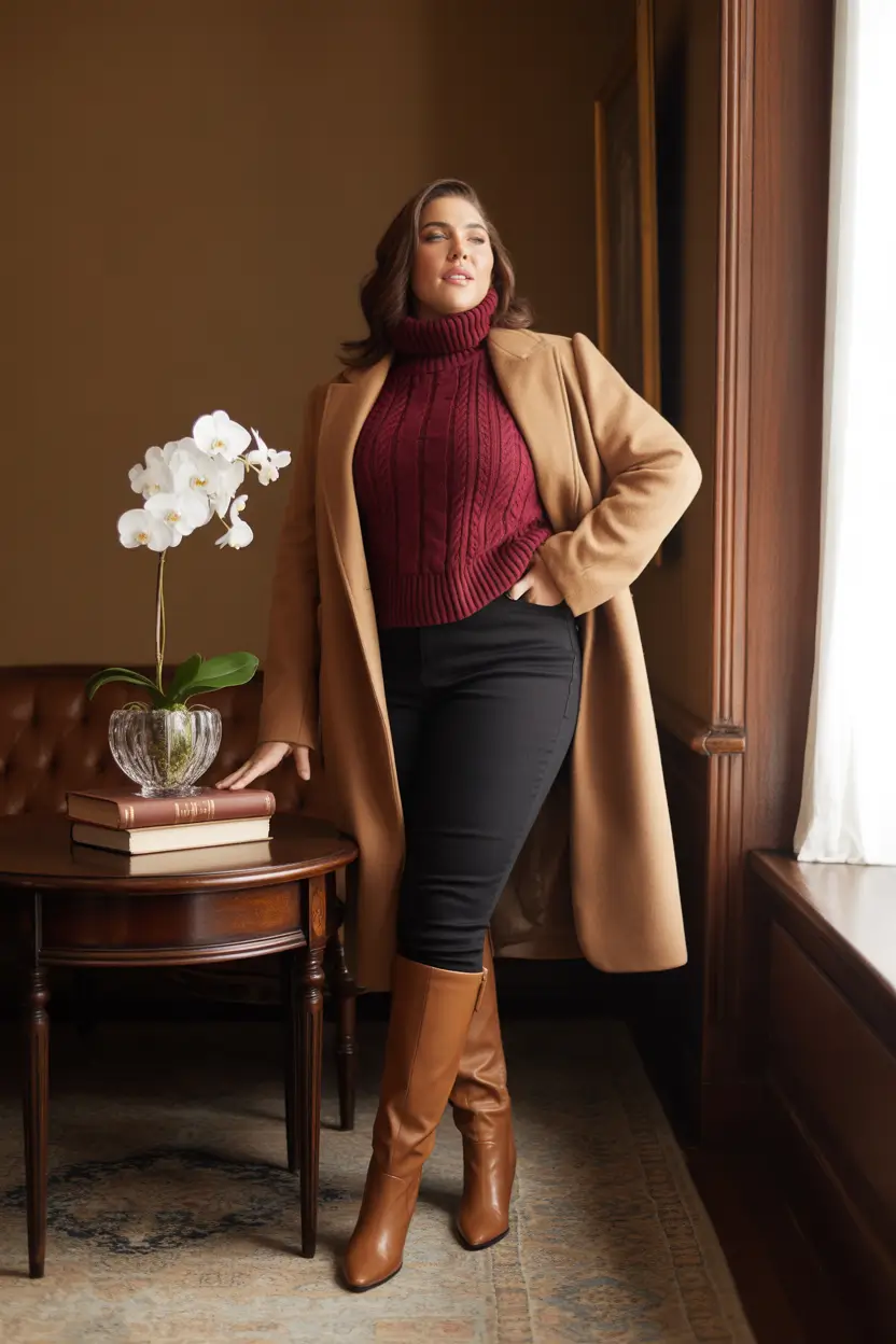 curvy winter outfits plus size camel coat