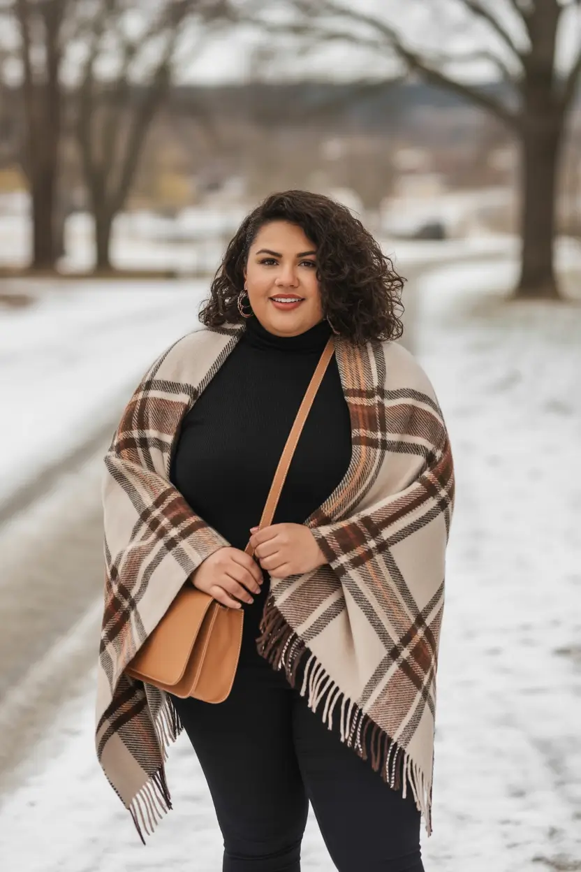 curvy winter outfits plus size plaid wrap