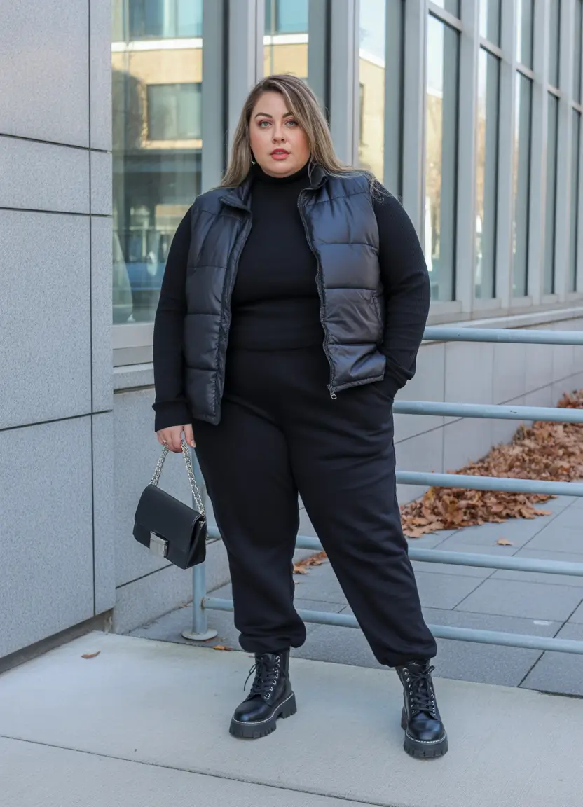 curvy winter outfits casual plus size black sporty